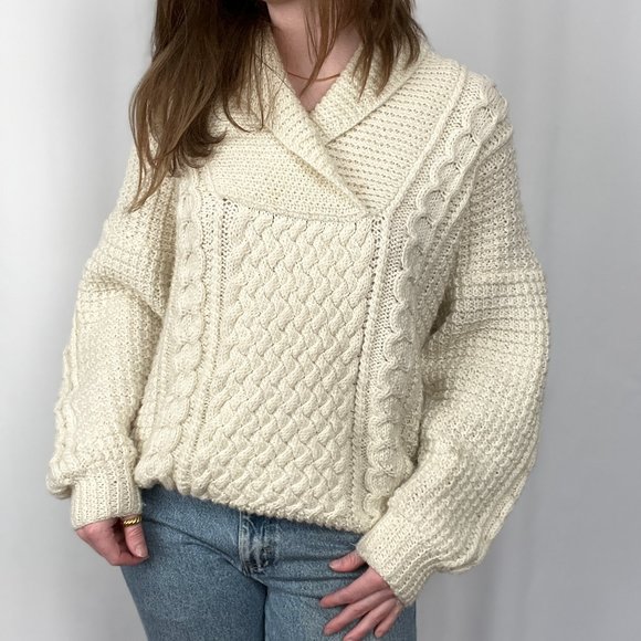 Vintage Aran Cable Knit Oversized Sweater Irish Scottish Wool Grandpa Fisherman - Picture 7 of 7
